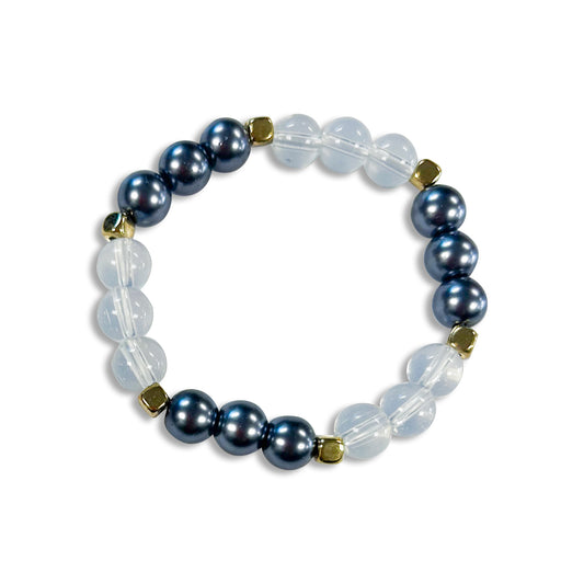 Metallic Spruce Blue & White Glass Bead Bracelet